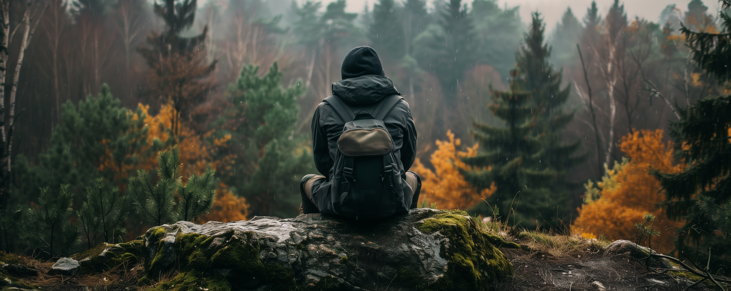 a man looking into the forest